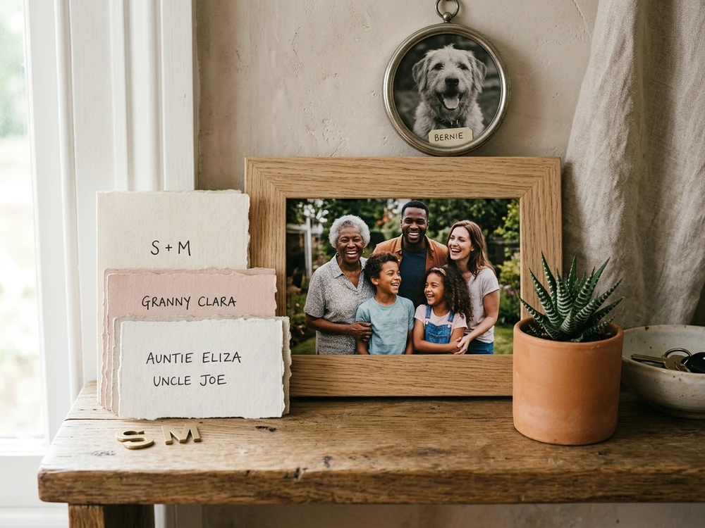 Family photographs, names and initials arranged as inspiration for a family-identity gift