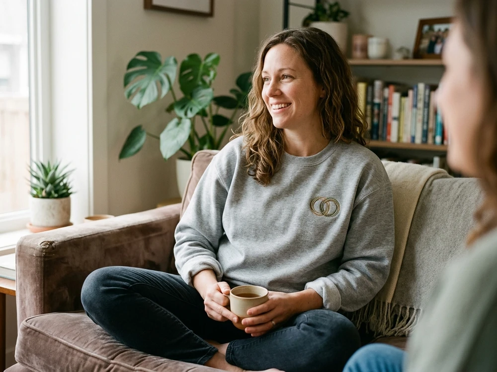Person comfortably wearing a subtle personalized family sweatshirt in a relaxed home setting.
