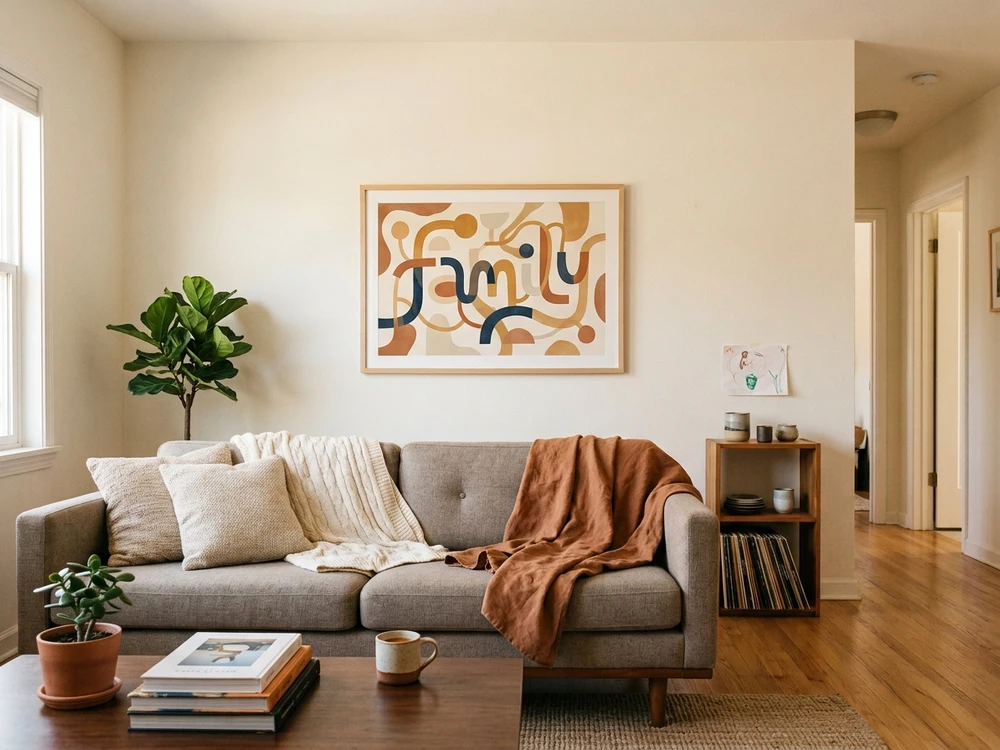 Personalized family wall art displayed naturally in a warm shared living space.