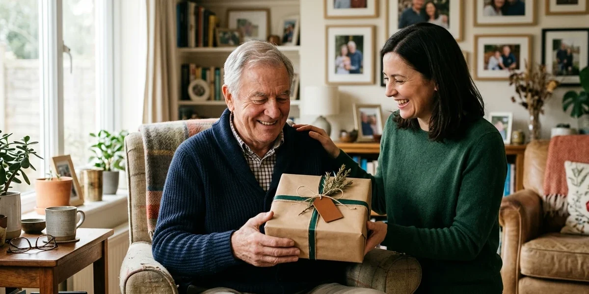 Grandpa receiving a personalized Father’s Day gift from family at home