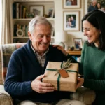 Grandpa receiving a personalized Father’s Day gift from family at home