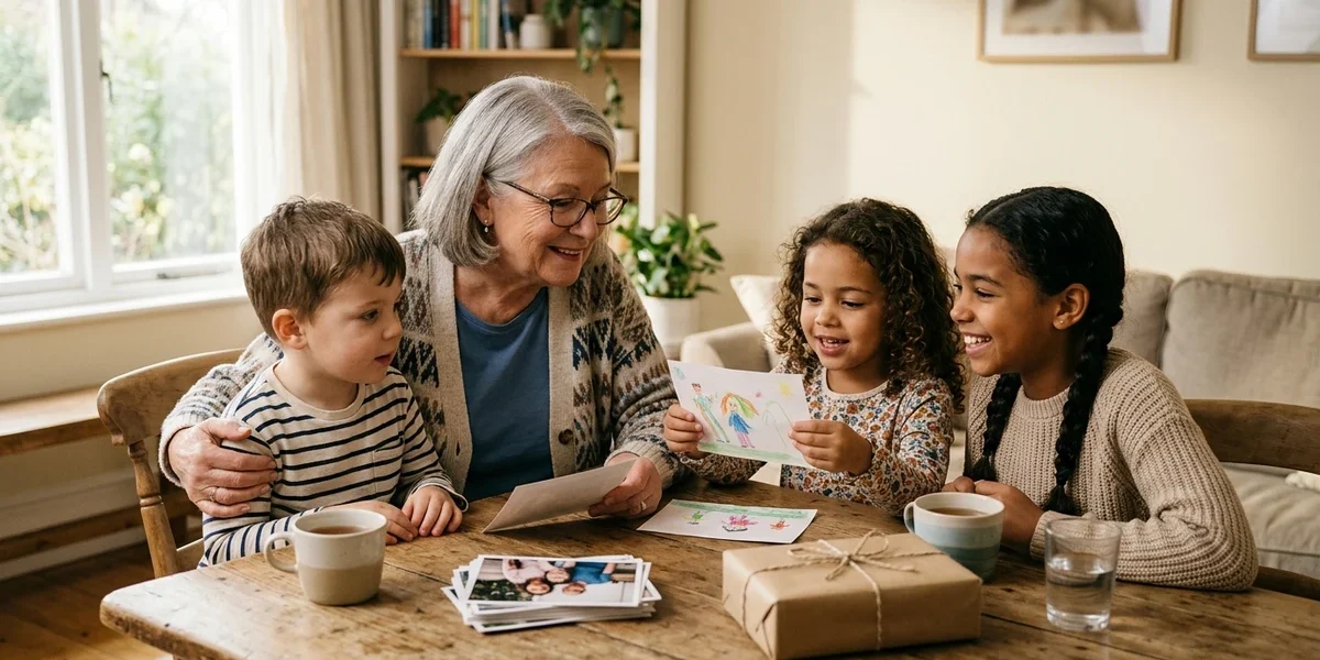 Grandma sharing a personal family moment with her grandchildren while they prepare a meaningful gift