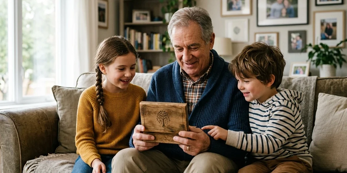 Grandpa sharing a personalized family keepsake with his grandchildren