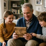 Grandpa sharing a personalized family keepsake with his grandchildren