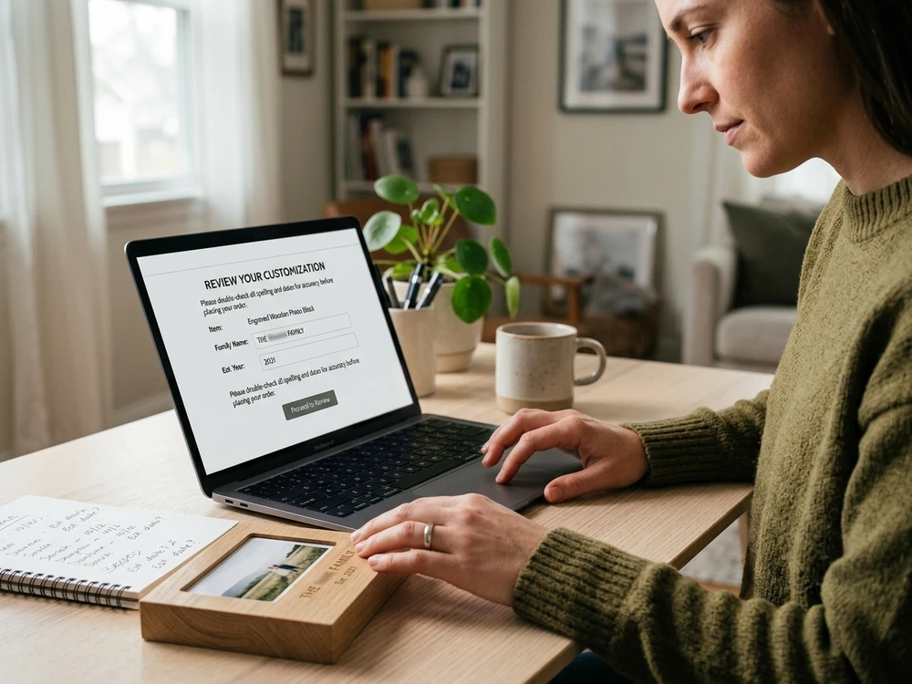 Shopper reviewing personalization details for a custom Grandpa gift before ordering