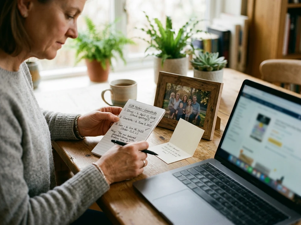 Person checking grandchildren’s names and personalization details before ordering a grandparent gift