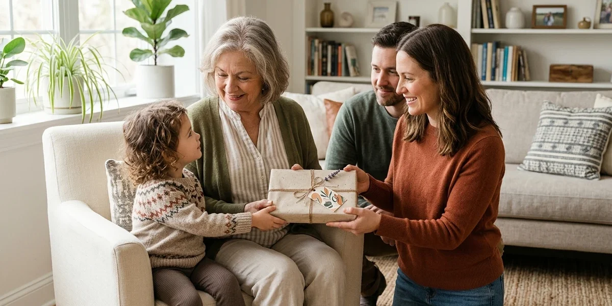 Grandmother receiving a thoughtful personalized Mother’s Day gift from her family