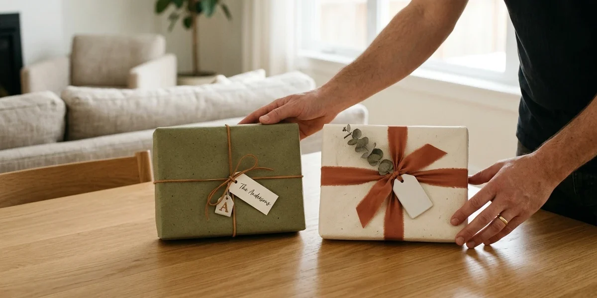 Two thoughtfully wrapped family gift options, one personalized and one non-personalized, arranged side by side