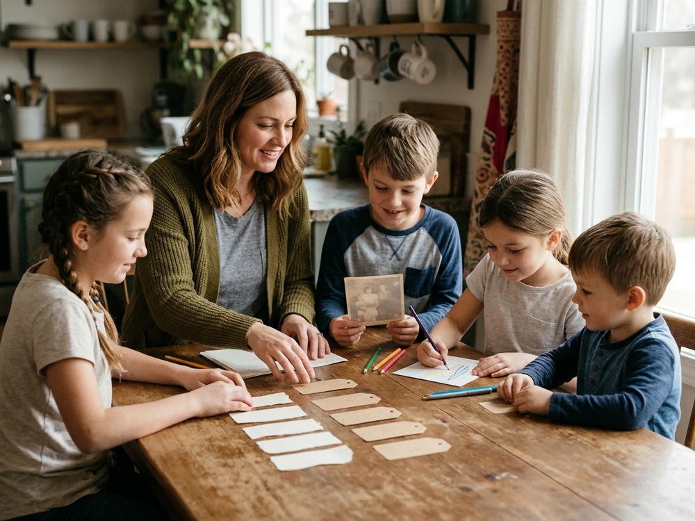 Several grandchildren organizing photos, drawings and personal ideas for one shared gift for Grandma