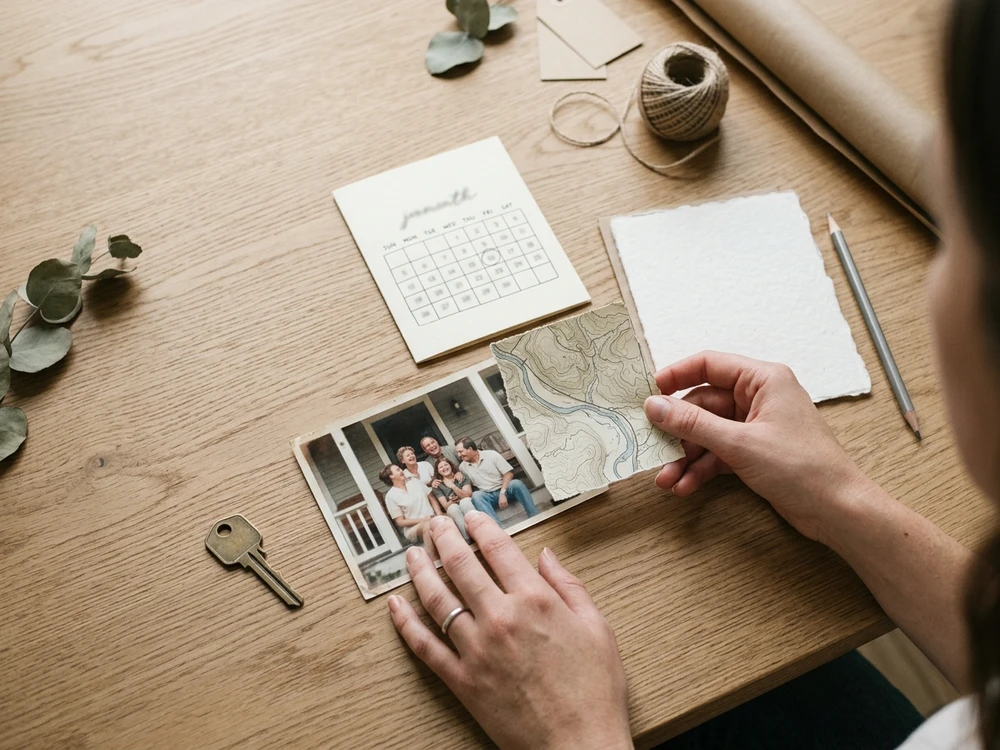Photo, date, place and memory cues arranged as inspiration for choosing a personal family gift
