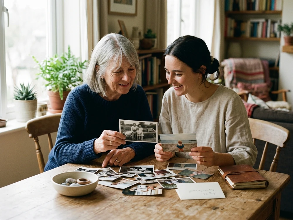 Family members looking through photographs while choosing one shared memory to preserve in a gift