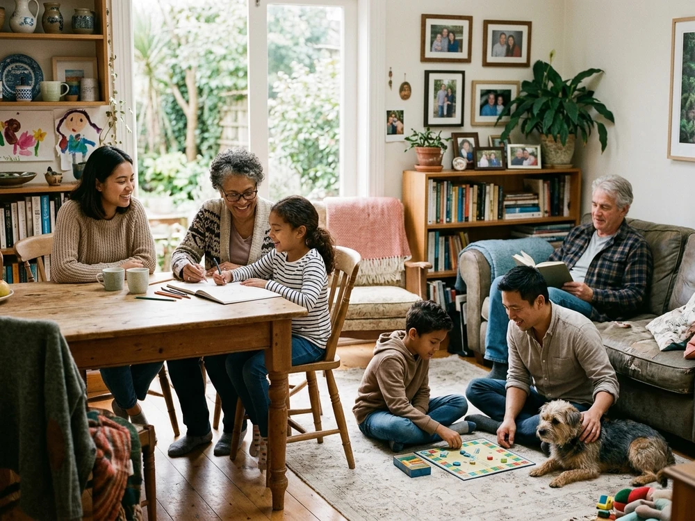 Family members sharing an everyday activity together at home.