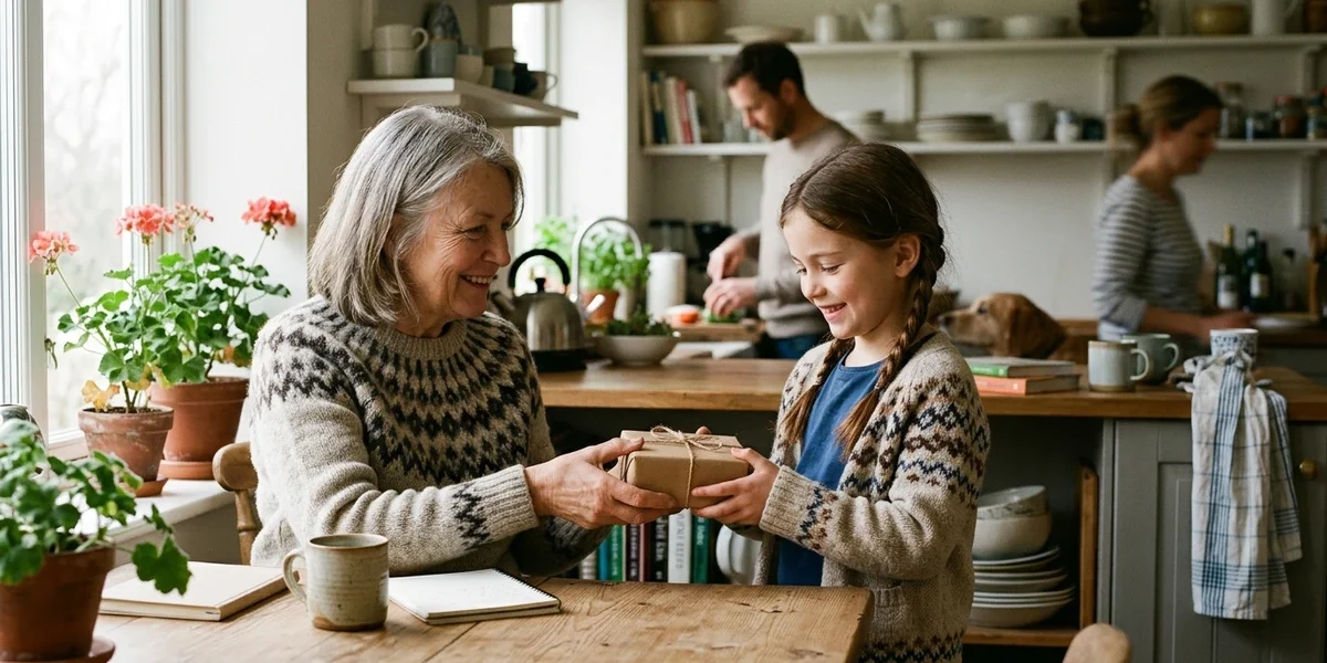 Family members sharing a small thoughtful gift during an ordinary day at home